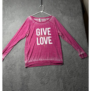 Betsey Johnson Give Love Shirt Women's XL Pink Sheer Graphic Long Sleeve